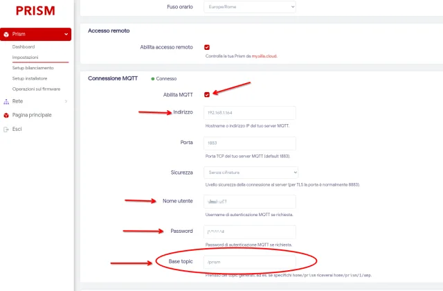 configurazione Silla Prism Solar con MQTT