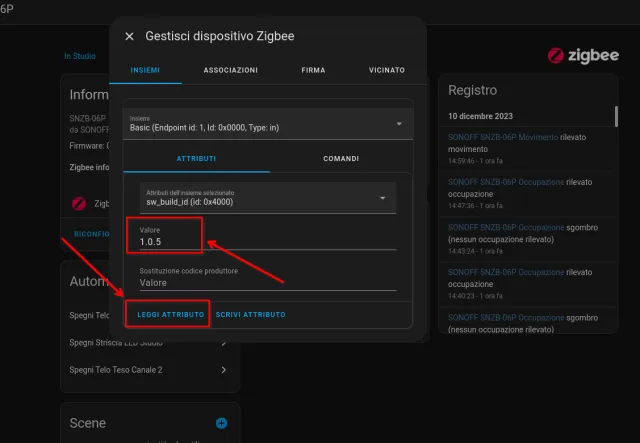 Aggiornamento Firmware Sonoff SNZB-06P direttamente da ZHA e settaggio sensibilità