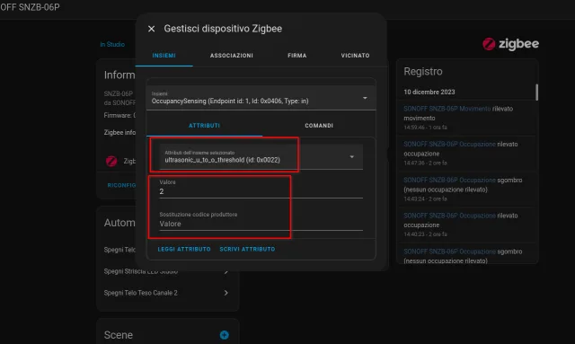 Aggiornamento Firmware Sonoff SNZB-06P direttamente da ZHA e settaggio sensibilità