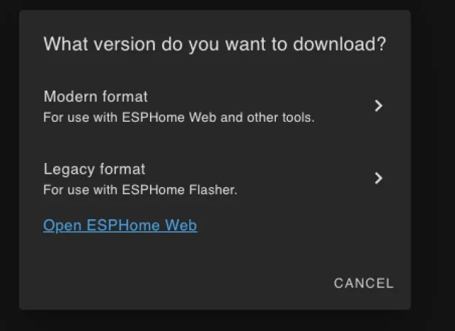scelta modalità download esphome
