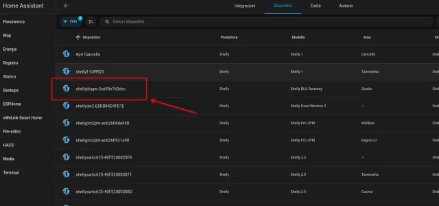 Shelly BLU Gateway integrato in Home Assistant tramite integrazione Shelly ufficiale