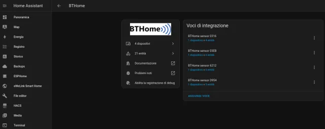 Integrazione BTHome in Home Assistant, lista dispositivi associati