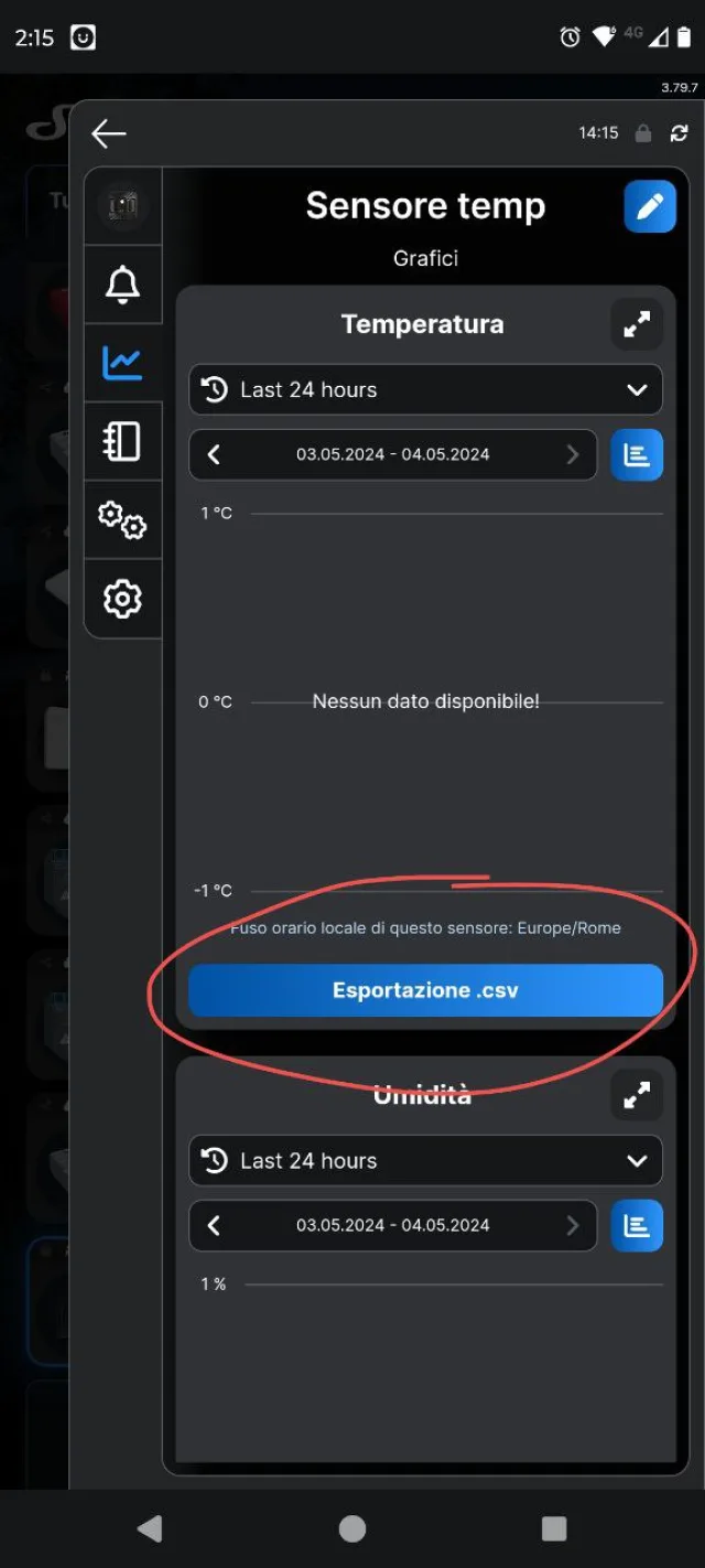grafico dati app Shelly Smart Control per Shelly BLU H&T