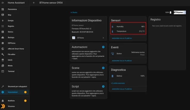 integrazione in Home Assistant dello Shelly BLU H&T