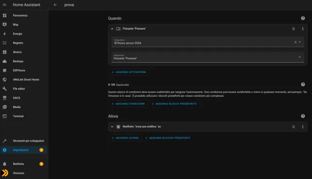 esempio di automazione in Home Assistant con lo Shelly BLU H&T