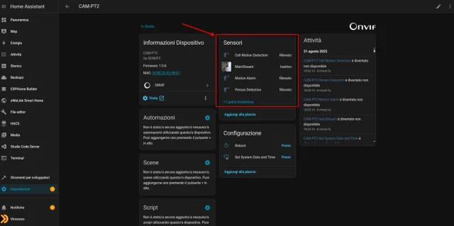 Sonoff CAM-PT2 Onvif su Home Assistant con integrazioni comandi PTZ